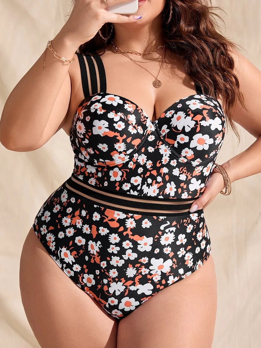 Jednoczęściowy strój kąpielowy plus size z motywem kwiatów