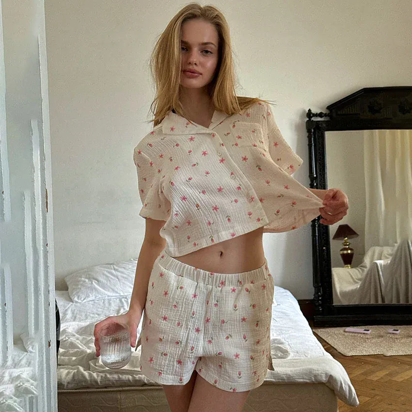 Muślinowy komplet piżamowy w kwiatuszki